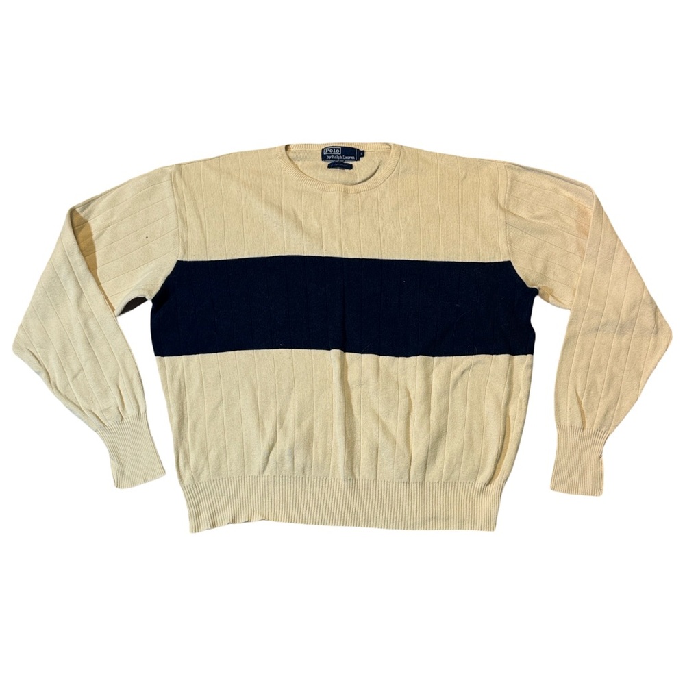 VINTAGE Polo Ralph Lauren mens L Large cream navy blue 100% cotton sweater
